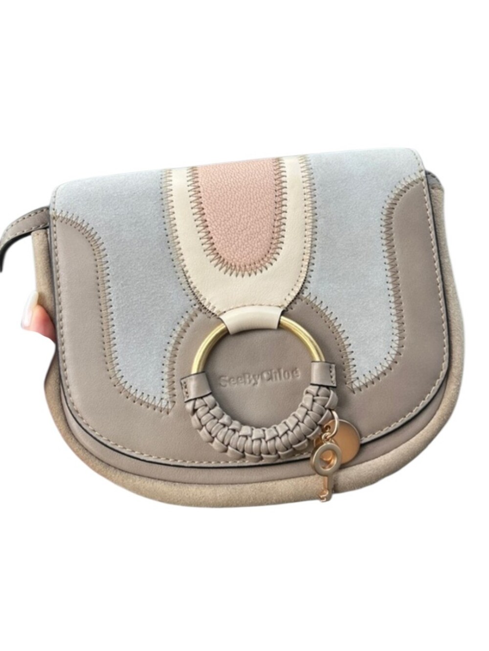See By Chloé Hana Small Crossbody Bag Patchwork Suede Leather Neutral Tones